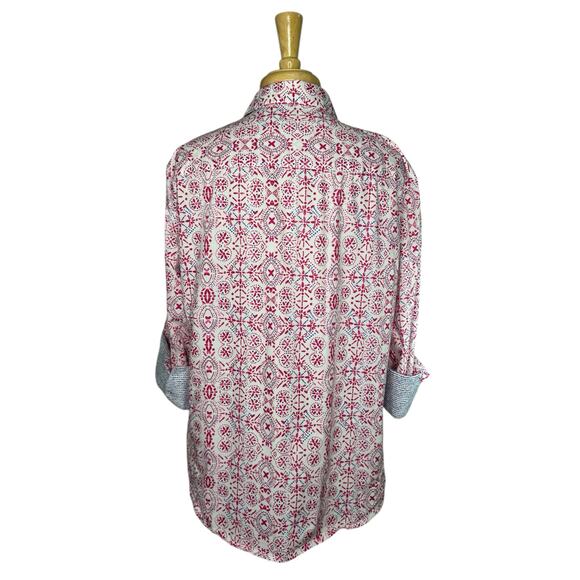 FOXCROFT Batik Print Button Up Easy Care Shirt Size XL Womens Pink Blue White - Picture 3 of 10